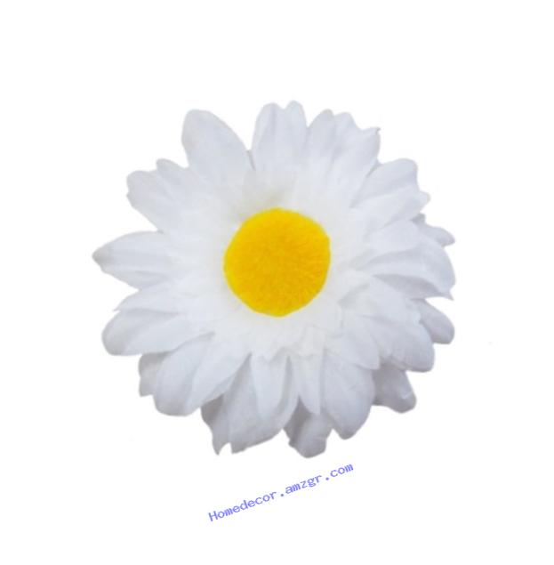 6 pieces of 3 inch english daisy, soft yellow bristle in center with plastic stem, short plastic cap at back, color white.