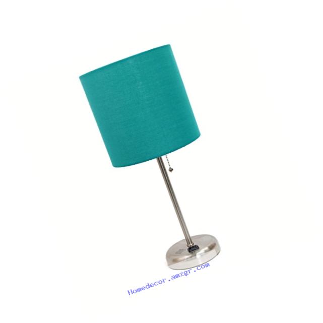 Limelights LT2024-TEL Brushed Steel Lamp with Charging Outlet and Fabric Shade, Teal