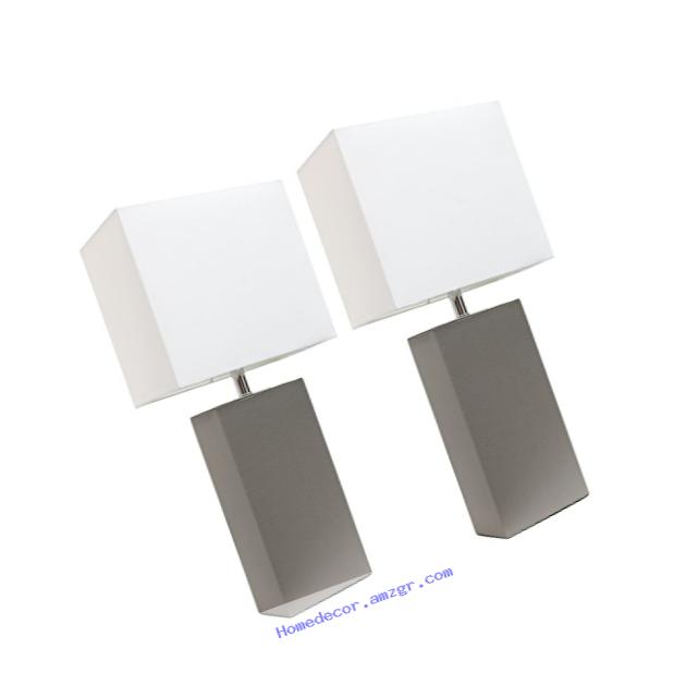 Elegant Designs LC2000-GRY-2PK 2 Pack Leather Lamps 2 Pack Modern Leather Table Lamps with White Fabric Shades, Gray