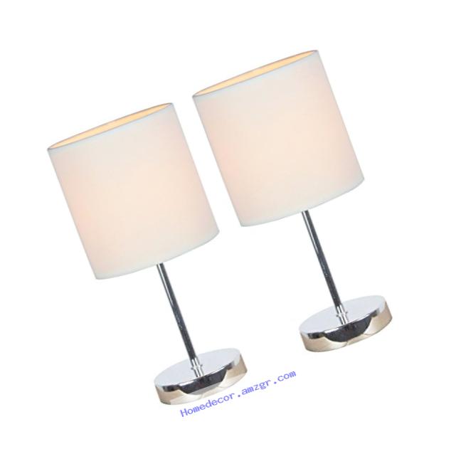 Simple Designs LT2007-WHT-2PK Chrome Mini Basic Table Lamp 2 Pack Set with Fabric Shades, White