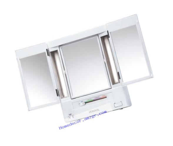 Jerdon Tri-Fold Two-Sided Lighted Makeup Mirror with 5x Magnification, White Finish