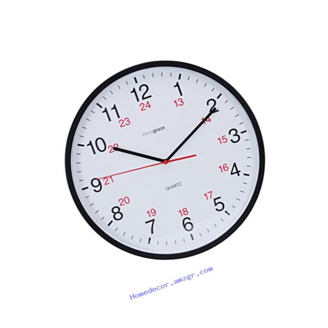 Kiera Grace Synchro Silent Wall Clock, 12 Inch, 3/4 Inch Deep - Black