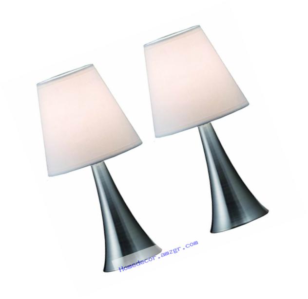 Simple Designs LT2014-WHT-2PK Valencia Brushed Nickel Mini Touch Table Lamps with Fabric Shades, White (Pack of 2)