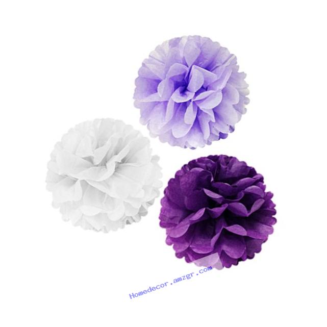 Wrapables Tissue Pom Poms Party Decorations for Weddings, Birthday Parties and Baby Showers, 12-Inch, Purple/White/Light Purple, Set of 3