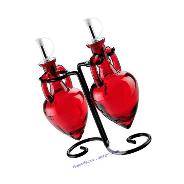 Couronne Co Amphora Double Oil and Vinegar Glass Cruet Set with Stand, M075-250-06, 8 inches tall, 6.1 ounce, 3-Piece, Red