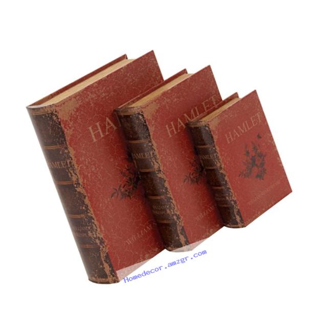 Deco 79 Wood Leather Book Box, 13 by 11 by 8-Inch, Red, Set of 3