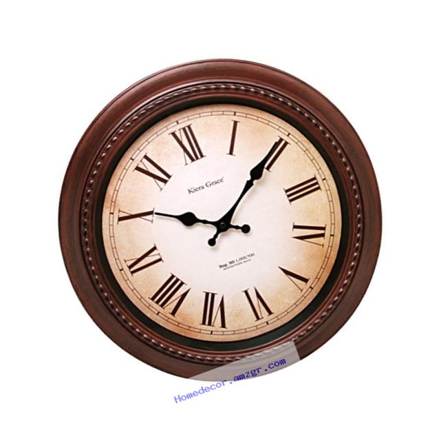 Kiera Grace Doone Round Wall Clock, 16-Inch, 2-Inch Deep, Brushed Dark Brown