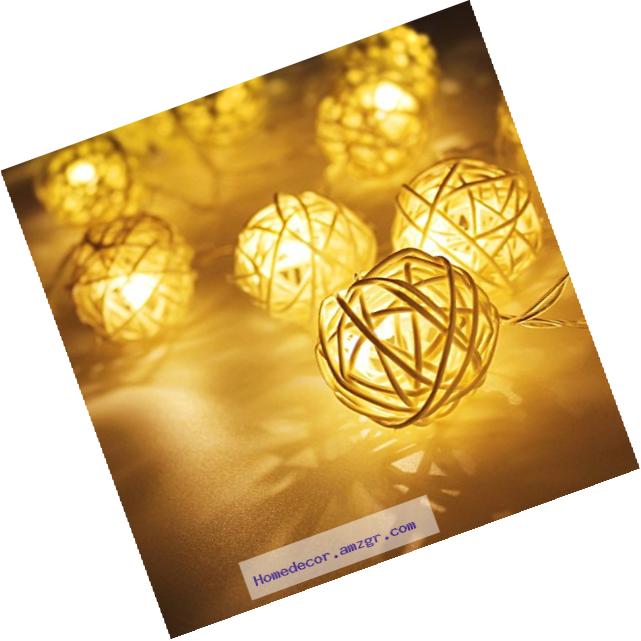 Battery Powered Rattan Ball LED Decorative String Light, 2 Work Modes Battery Box, 10ft Length 20 Balls, Warm White for Christmas, Holiday, Party, Event Decorative Lighting