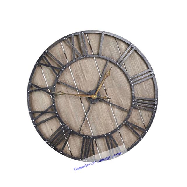 Household Essentials Large Oversized Decorative Rustic Wall Clock, Brown Wood / black Metal